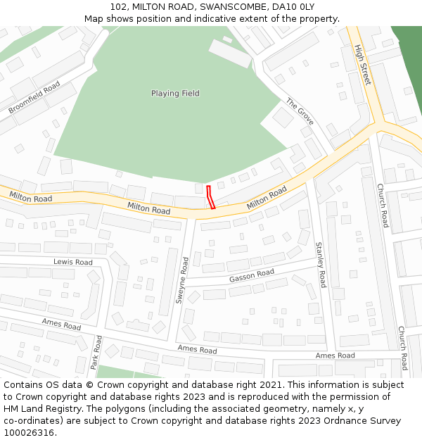 102, MILTON ROAD, SWANSCOMBE, DA10 0LY: Location map and indicative extent of plot
