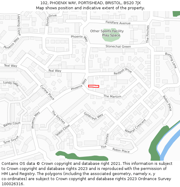 102, PHOENIX WAY, PORTISHEAD, BRISTOL, BS20 7JX: Location map and indicative extent of plot