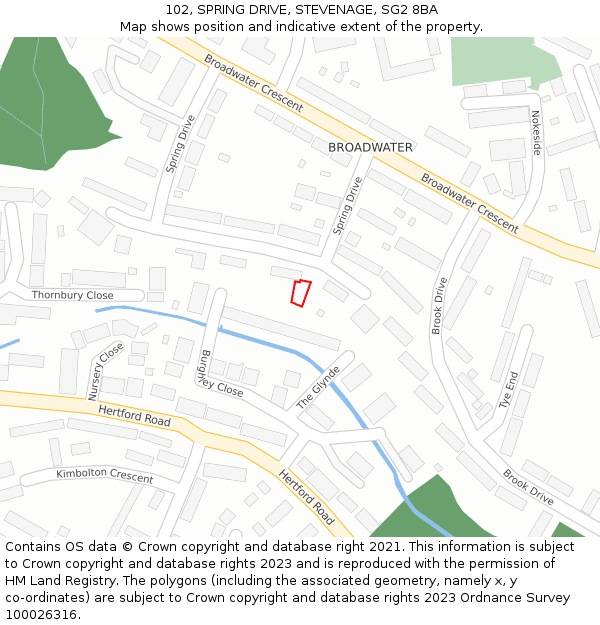 102, SPRING DRIVE, STEVENAGE, SG2 8BA: Location map and indicative extent of plot