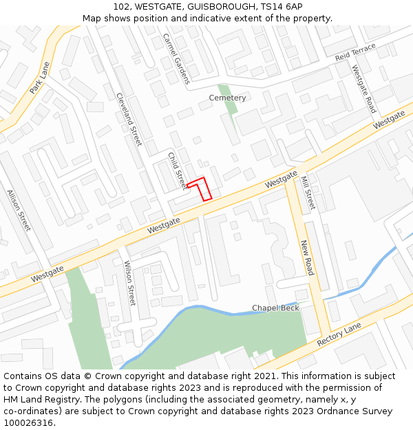 102, WESTGATE, GUISBOROUGH, TS14 6AP: Location map and indicative extent of plot
