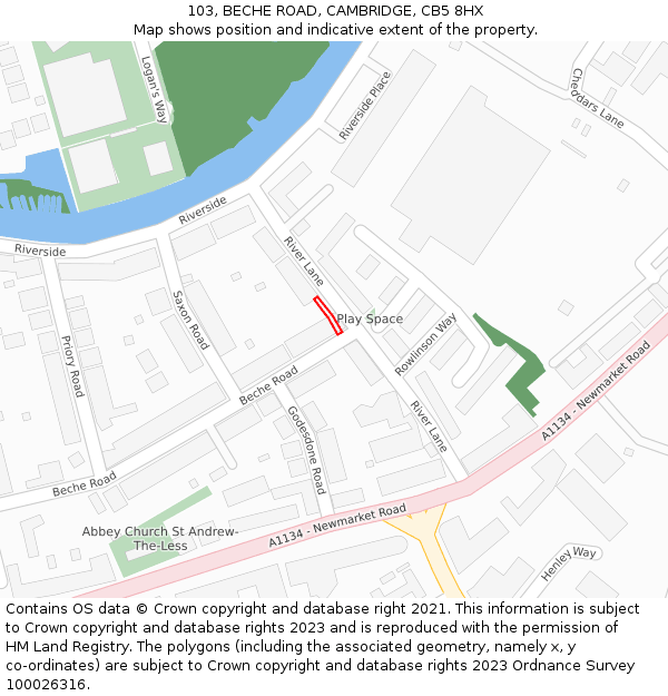 103, BECHE ROAD, CAMBRIDGE, CB5 8HX: Location map and indicative extent of plot