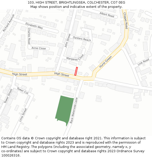 103, HIGH STREET, BRIGHTLINGSEA, COLCHESTER, CO7 0EG: Location map and indicative extent of plot