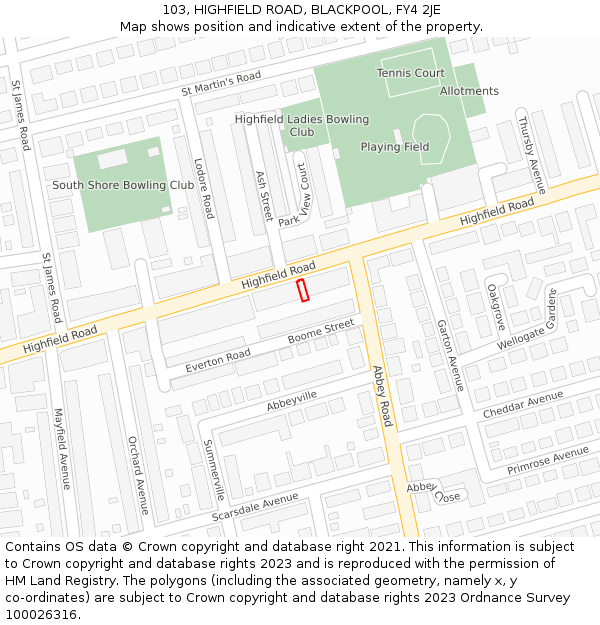 103, HIGHFIELD ROAD, BLACKPOOL, FY4 2JE: Location map and indicative extent of plot