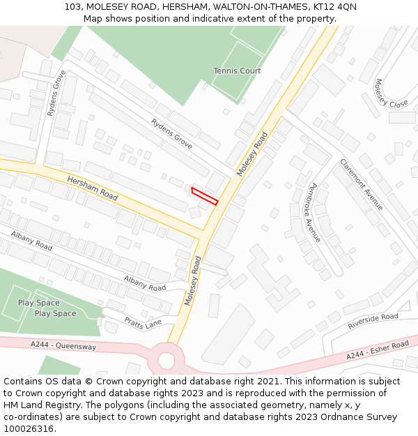 103, MOLESEY ROAD, HERSHAM, WALTON-ON-THAMES, KT12 4QN: Location map and indicative extent of plot