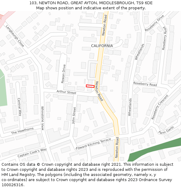103, NEWTON ROAD, GREAT AYTON, MIDDLESBROUGH, TS9 6DE: Location map and indicative extent of plot