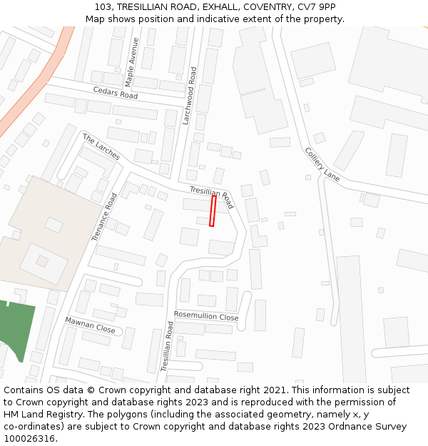 103, TRESILLIAN ROAD, EXHALL, COVENTRY, CV7 9PP: Location map and indicative extent of plot