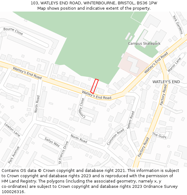 103, WATLEYS END ROAD, WINTERBOURNE, BRISTOL, BS36 1PW: Location map and indicative extent of plot