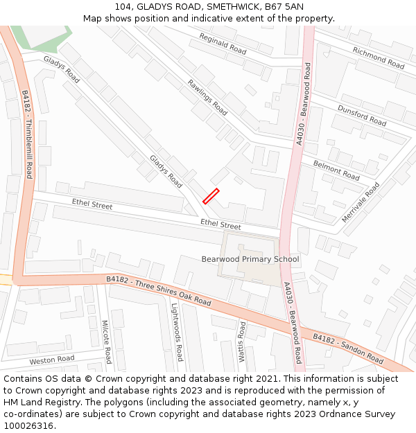 104, GLADYS ROAD, SMETHWICK, B67 5AN: Location map and indicative extent of plot