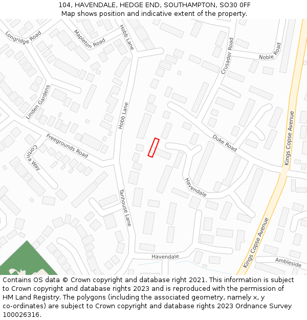 104, HAVENDALE, HEDGE END, SOUTHAMPTON, SO30 0FF: Location map and indicative extent of plot