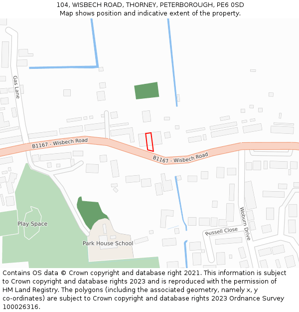104, WISBECH ROAD, THORNEY, PETERBOROUGH, PE6 0SD: Location map and indicative extent of plot