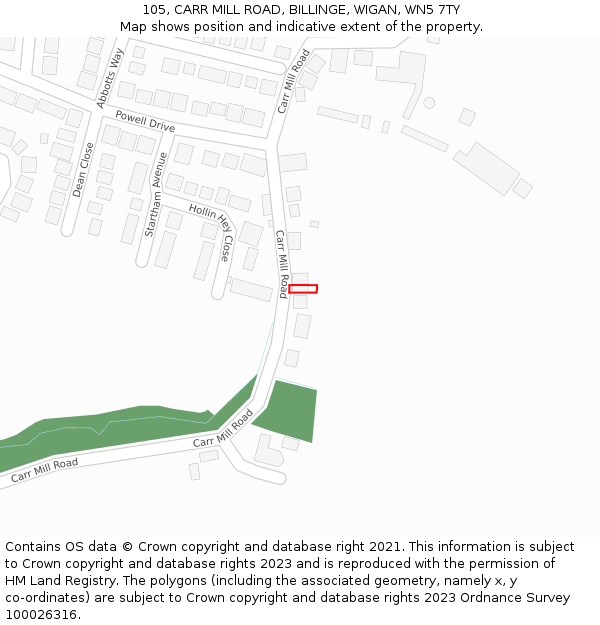 105, CARR MILL ROAD, BILLINGE, WIGAN, WN5 7TY: Location map and indicative extent of plot