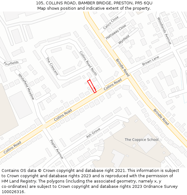 105, COLLINS ROAD, BAMBER BRIDGE, PRESTON, PR5 6QU: Location map and indicative extent of plot