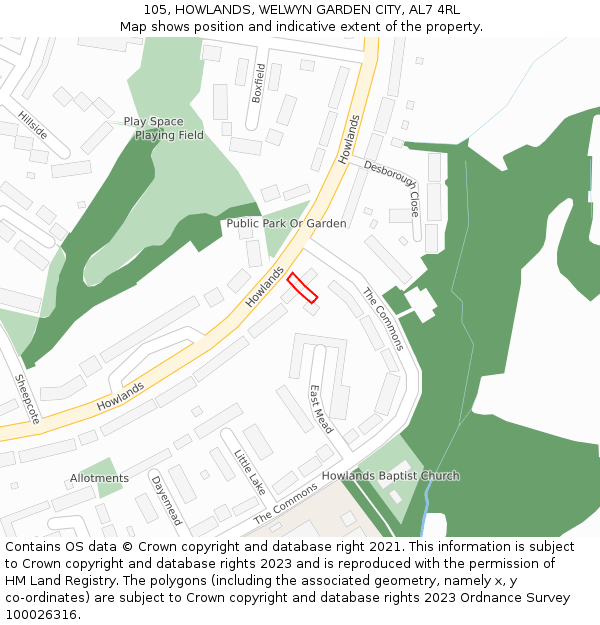 105, HOWLANDS, WELWYN GARDEN CITY, AL7 4RL: Location map and indicative extent of plot
