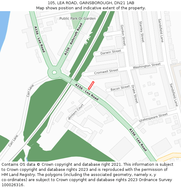 105, LEA ROAD, GAINSBOROUGH, DN21 1AB: Location map and indicative extent of plot