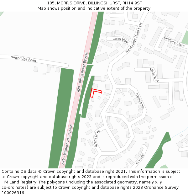 105, MORRIS DRIVE, BILLINGSHURST, RH14 9ST: Location map and indicative extent of plot