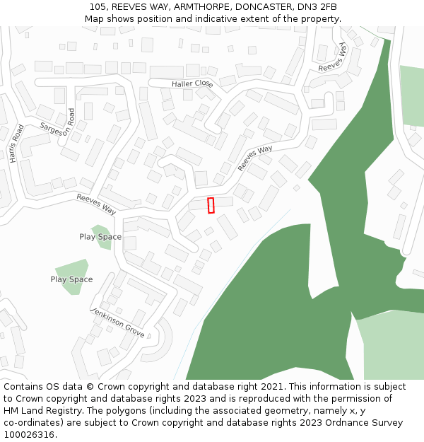 105, REEVES WAY, ARMTHORPE, DONCASTER, DN3 2FB: Location map and indicative extent of plot