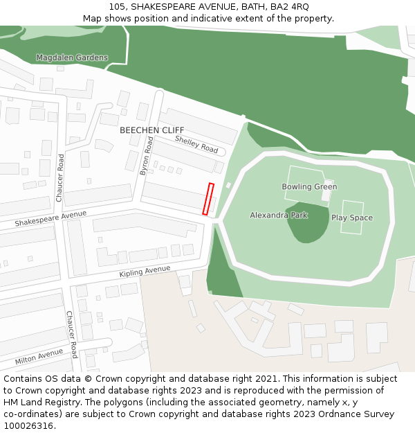 105, SHAKESPEARE AVENUE, BATH, BA2 4RQ: Location map and indicative extent of plot