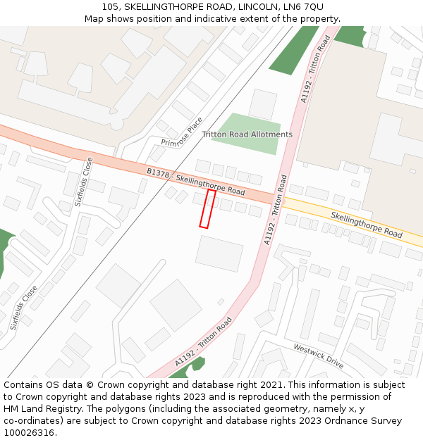 105, SKELLINGTHORPE ROAD, LINCOLN, LN6 7QU: Location map and indicative extent of plot