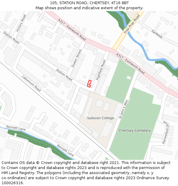 105, STATION ROAD, CHERTSEY, KT16 8BT: Location map and indicative extent of plot