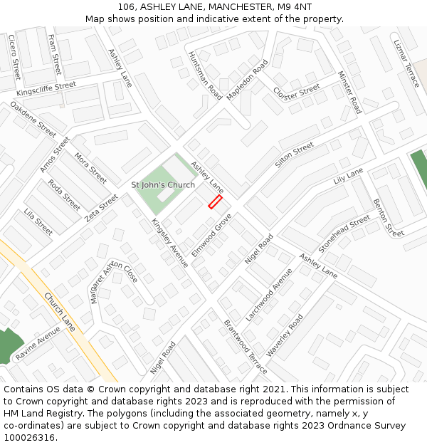106, ASHLEY LANE, MANCHESTER, M9 4NT: Location map and indicative extent of plot