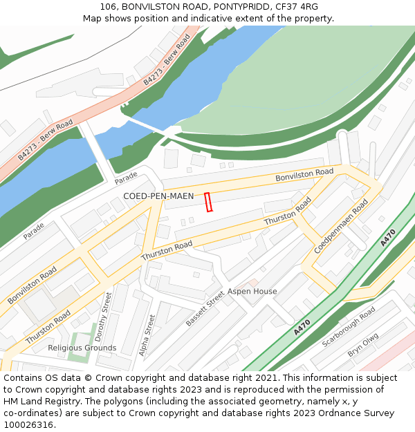 106, BONVILSTON ROAD, PONTYPRIDD, CF37 4RG: Location map and indicative extent of plot