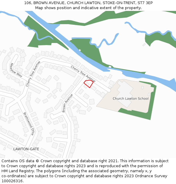 106, BROWN AVENUE, CHURCH LAWTON, STOKE-ON-TRENT, ST7 3EP: Location map and indicative extent of plot