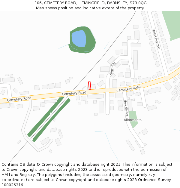 106, CEMETERY ROAD, HEMINGFIELD, BARNSLEY, S73 0QG: Location map and indicative extent of plot