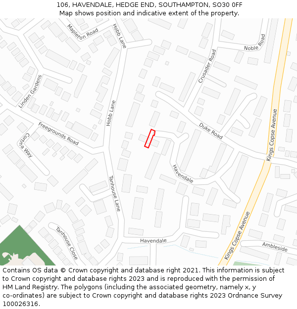 106, HAVENDALE, HEDGE END, SOUTHAMPTON, SO30 0FF: Location map and indicative extent of plot