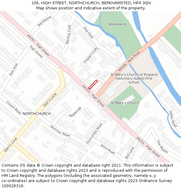 106, HIGH STREET, NORTHCHURCH, BERKHAMSTED, HP4 3QN: Location map and indicative extent of plot