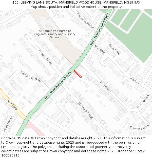 106, LEEMING LANE SOUTH, MANSFIELD WOODHOUSE, MANSFIELD, NG19 9AY: Location map and indicative extent of plot