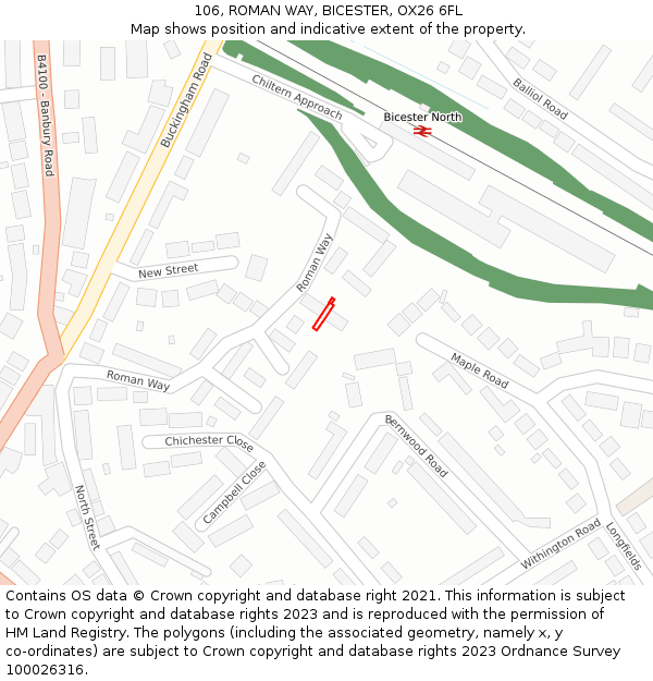 106, ROMAN WAY, BICESTER, OX26 6FL: Location map and indicative extent of plot