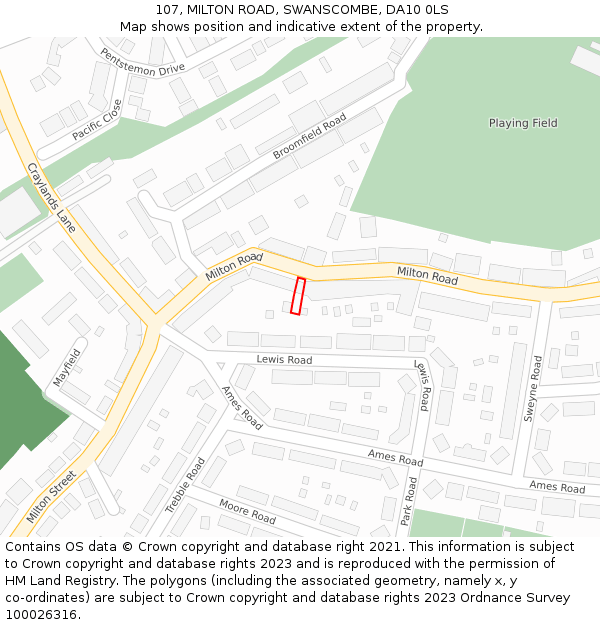 107, MILTON ROAD, SWANSCOMBE, DA10 0LS: Location map and indicative extent of plot