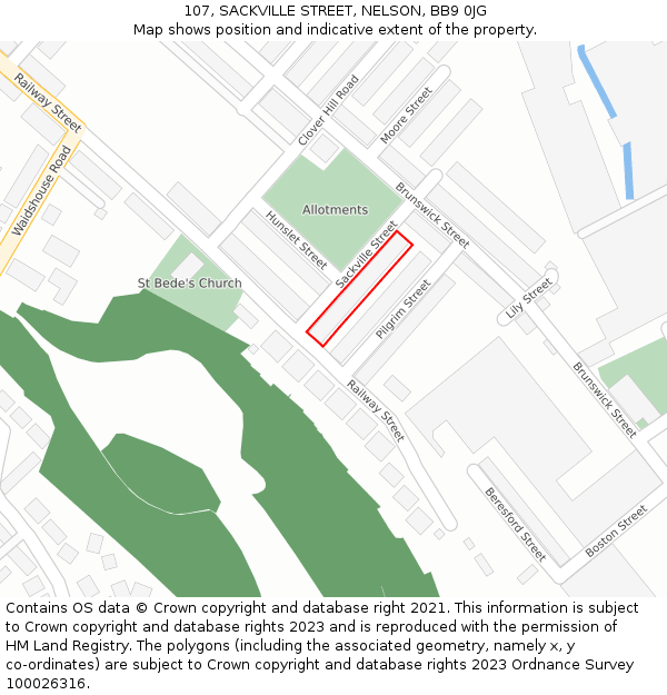 107, SACKVILLE STREET, NELSON, BB9 0JG: Location map and indicative extent of plot
