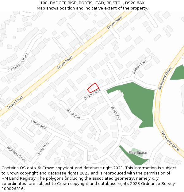 108, BADGER RISE, PORTISHEAD, BRISTOL, BS20 8AX: Location map and indicative extent of plot