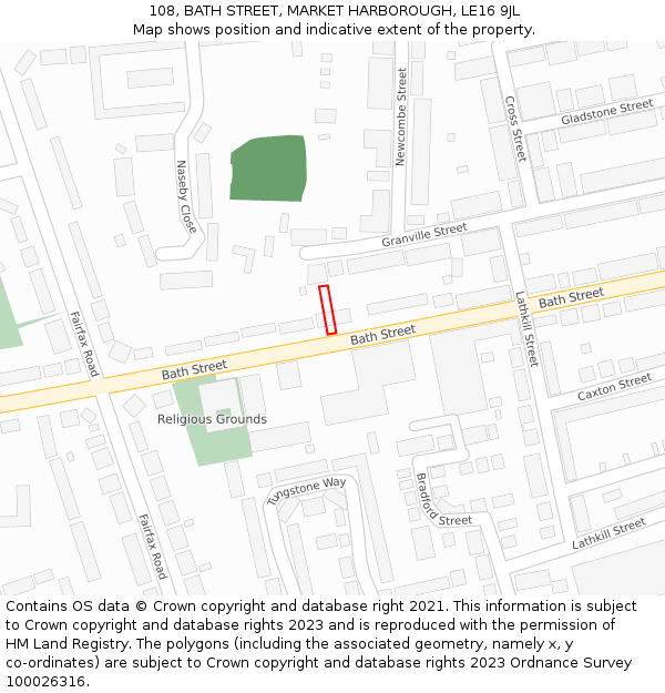 108, BATH STREET, MARKET HARBOROUGH, LE16 9JL: Location map and indicative extent of plot