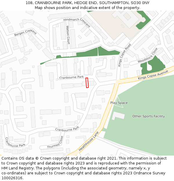 108, CRANBOURNE PARK, HEDGE END, SOUTHAMPTON, SO30 0NY: Location map and indicative extent of plot