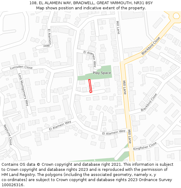 108, EL ALAMEIN WAY, BRADWELL, GREAT YARMOUTH, NR31 8SY: Location map and indicative extent of plot