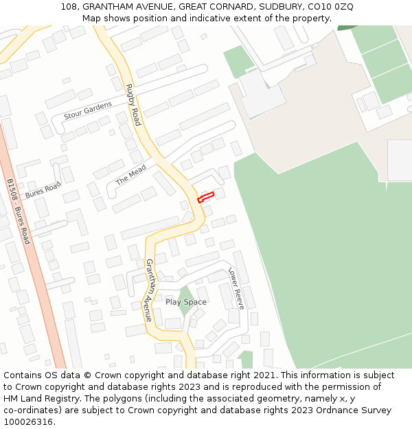 108, GRANTHAM AVENUE, GREAT CORNARD, SUDBURY, CO10 0ZQ: Location map and indicative extent of plot