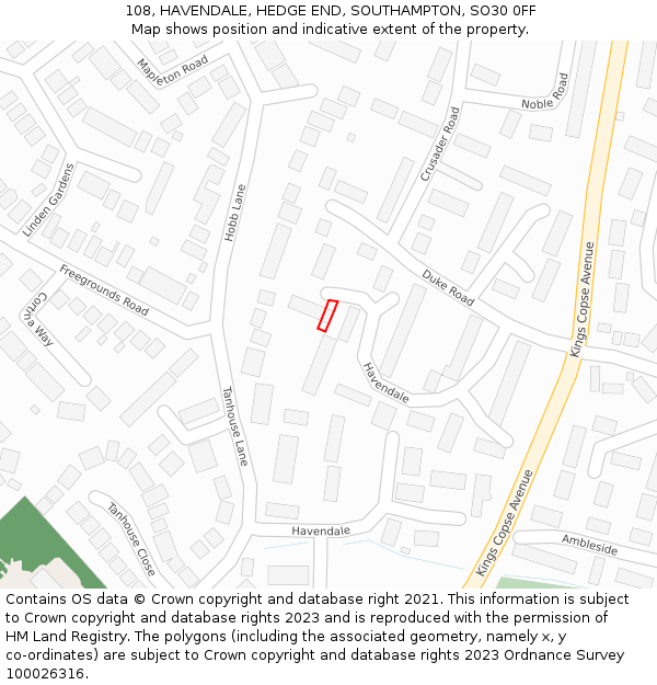 108, HAVENDALE, HEDGE END, SOUTHAMPTON, SO30 0FF: Location map and indicative extent of plot