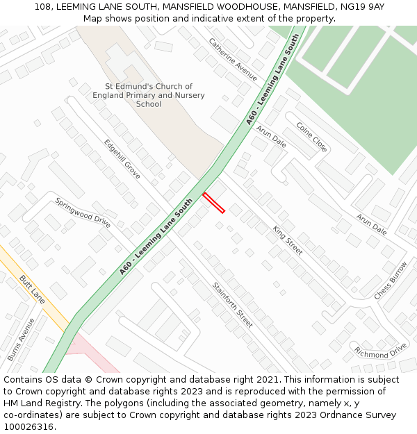 108, LEEMING LANE SOUTH, MANSFIELD WOODHOUSE, MANSFIELD, NG19 9AY: Location map and indicative extent of plot