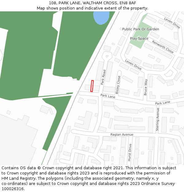 108, PARK LANE, WALTHAM CROSS, EN8 8AF: Location map and indicative extent of plot