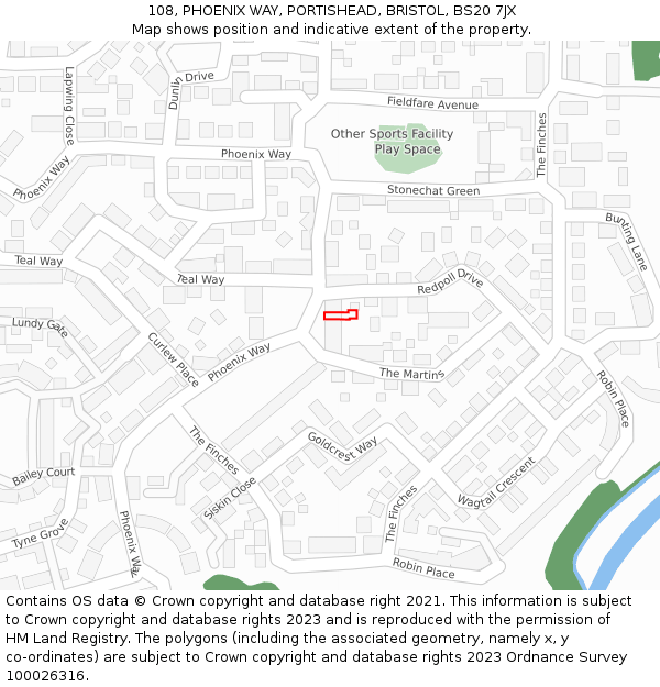 108, PHOENIX WAY, PORTISHEAD, BRISTOL, BS20 7JX: Location map and indicative extent of plot