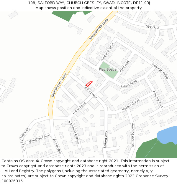 108, SALFORD WAY, CHURCH GRESLEY, SWADLINCOTE, DE11 9RJ: Location map and indicative extent of plot
