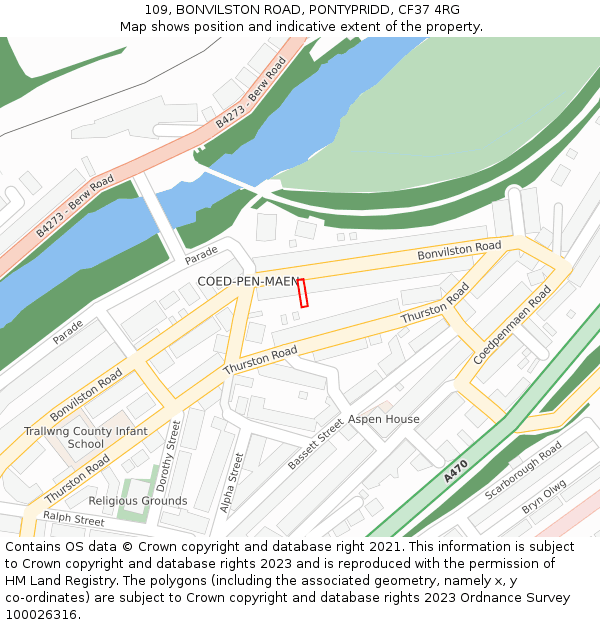 109, BONVILSTON ROAD, PONTYPRIDD, CF37 4RG: Location map and indicative extent of plot