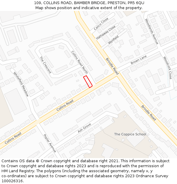 109, COLLINS ROAD, BAMBER BRIDGE, PRESTON, PR5 6QU: Location map and indicative extent of plot