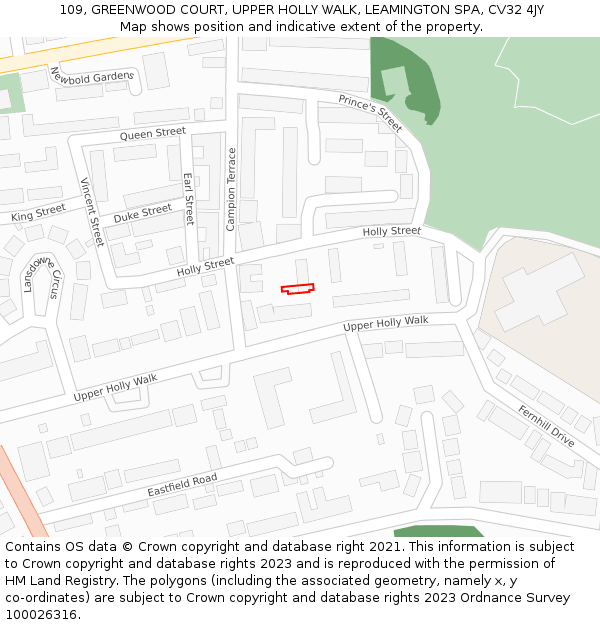 109, GREENWOOD COURT, UPPER HOLLY WALK, LEAMINGTON SPA, CV32 4JY: Location map and indicative extent of plot