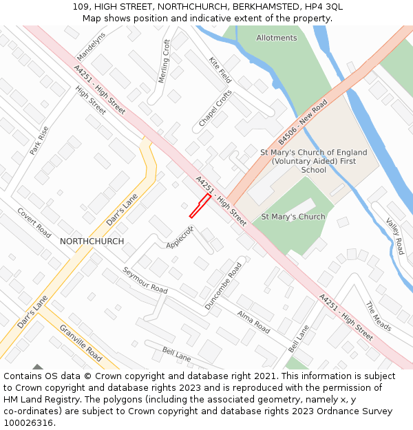 109, HIGH STREET, NORTHCHURCH, BERKHAMSTED, HP4 3QL: Location map and indicative extent of plot