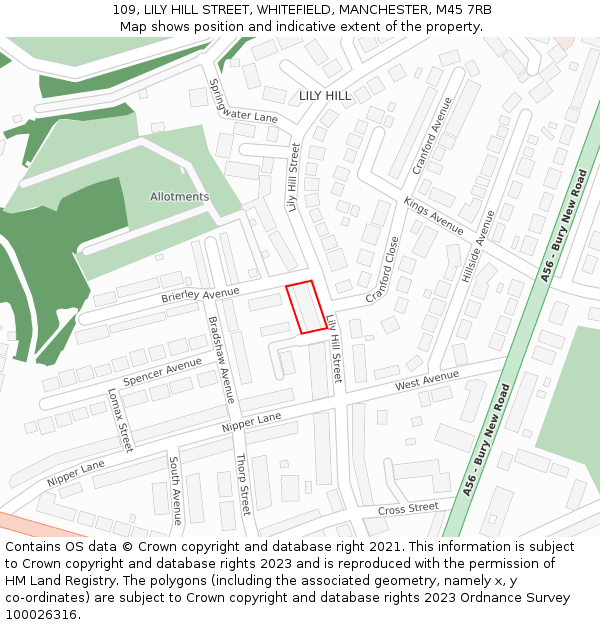 109, LILY HILL STREET, WHITEFIELD, MANCHESTER, M45 7RB: Location map and indicative extent of plot