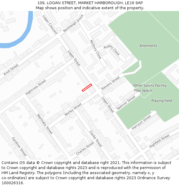 109, LOGAN STREET, MARKET HARBOROUGH, LE16 9AP: Location map and indicative extent of plot
