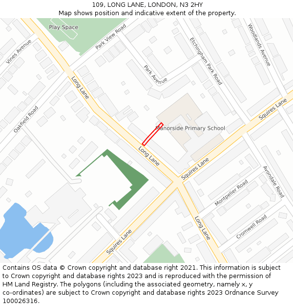 109, LONG LANE, LONDON, N3 2HY: Location map and indicative extent of plot